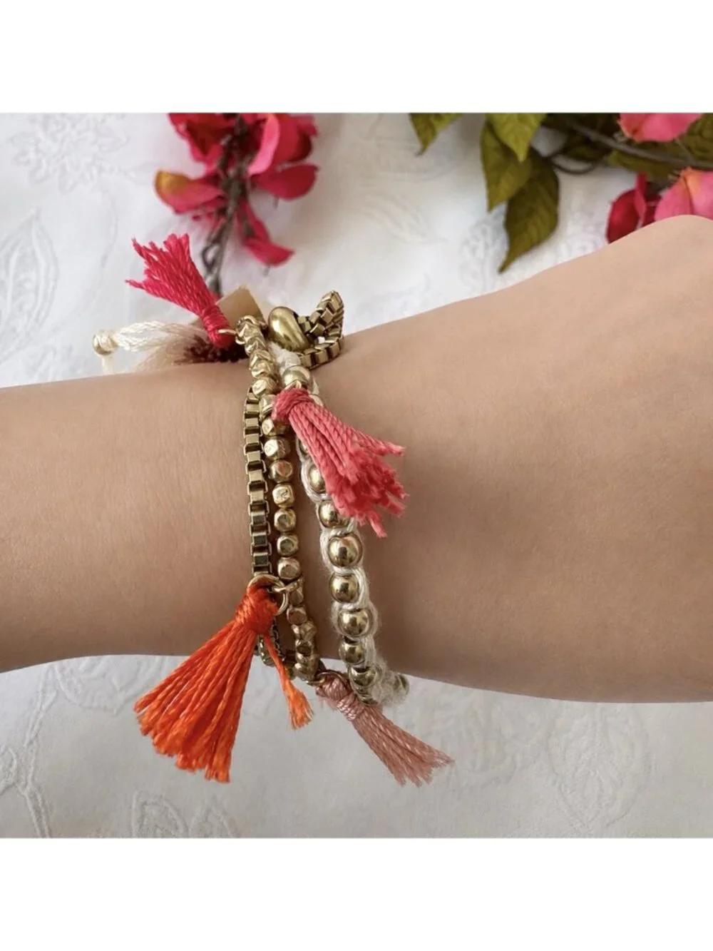 American Eagle Goldtone Cream Colorful Tassel Beads Bracelet Set 3 PC Stack NEW